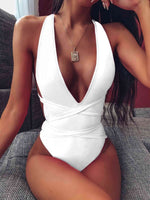 Halter Neck Deep V Tied One-Piece Swimsuit White for a perfect OOTD – dress to impress outfits from Amexza