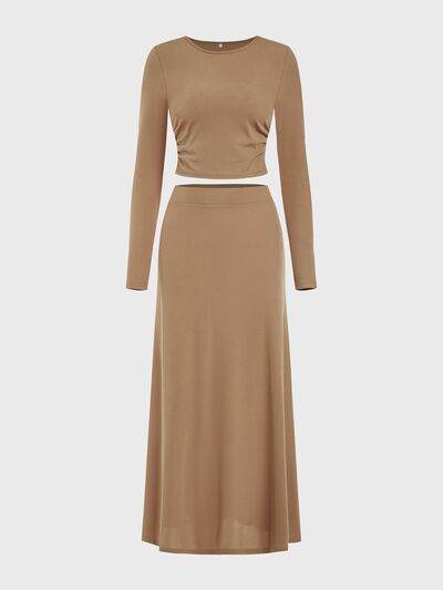 Round Neck Long Sleeve Top and Skirt Set Camel for a perfect OOTD – dress to impress outfits from Amexza