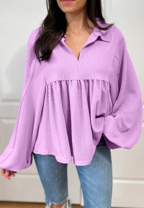 Corded Johnny Collar Long Sleeve Babydoll Blouse for a perfect OOTD – dress to impress outfits from Amexza