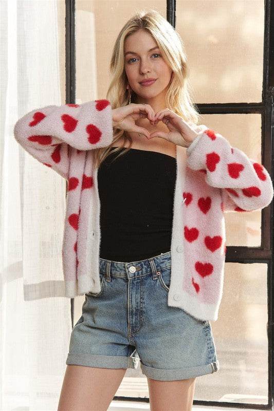 ADORA Fuzzy Heart Button Down Cardigan Ivory Red for a perfect OOTD – dress to impress outfits from Amexza