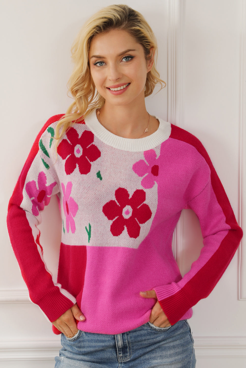 Floral Round Neck Dropped Shoulder Sweater Hot Pink for a perfect OOTD – dress to impress outfits from Amexza