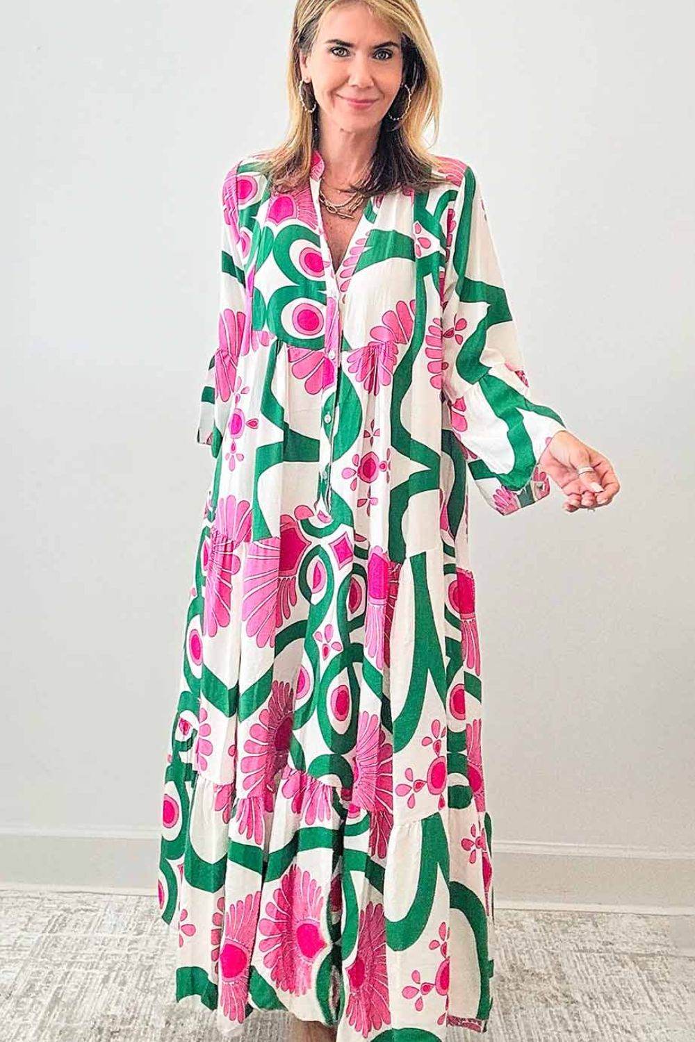 Printed Notched Long Sleeve Maxi Dress - Amexza