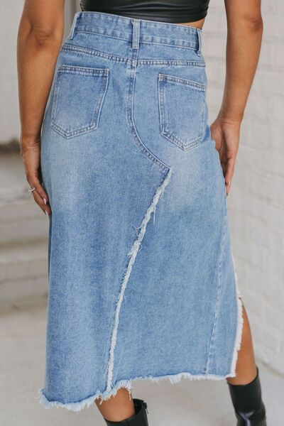 Raw Hem Slit Denim Skirt with Pockets for a perfect OOTD – dress to impress outfits from Amexza