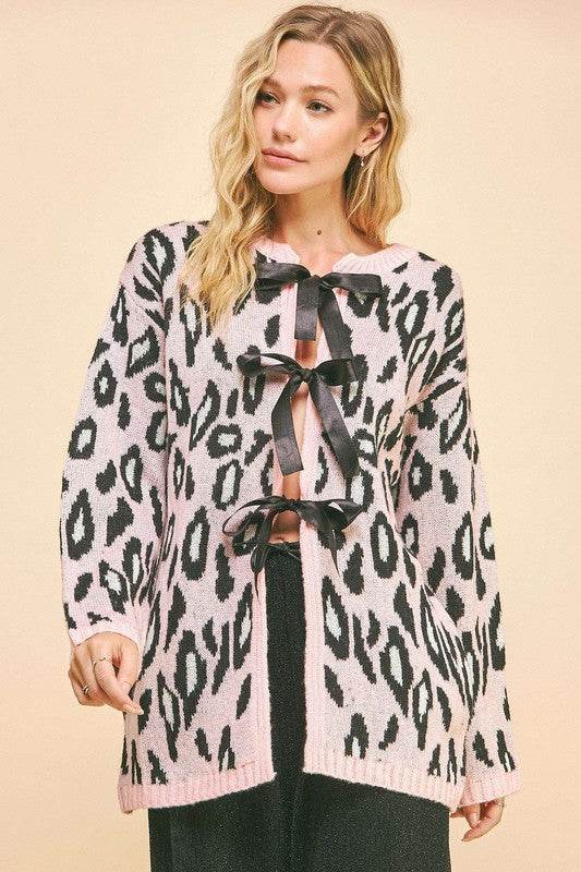 Davi & Dani Leopard Ribbon Tie Front Loose Fit Cardigan Blush Pink for a perfect OOTD – dress to impress outfits from Amexza