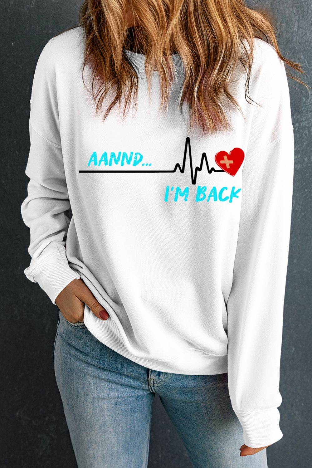 Graphic Round Neck Long Sleeve Sweatshirt - Amexza