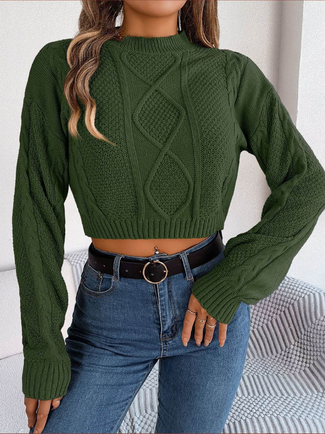 Cable-Knit Round Neck Cropped Sweater Army Green for a perfect OOTD – dress to impress outfits from Amexza