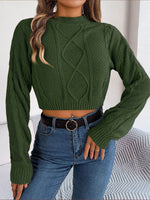 Cable-Knit Round Neck Cropped Sweater Army Green for a perfect OOTD – dress to impress outfits from Amexza