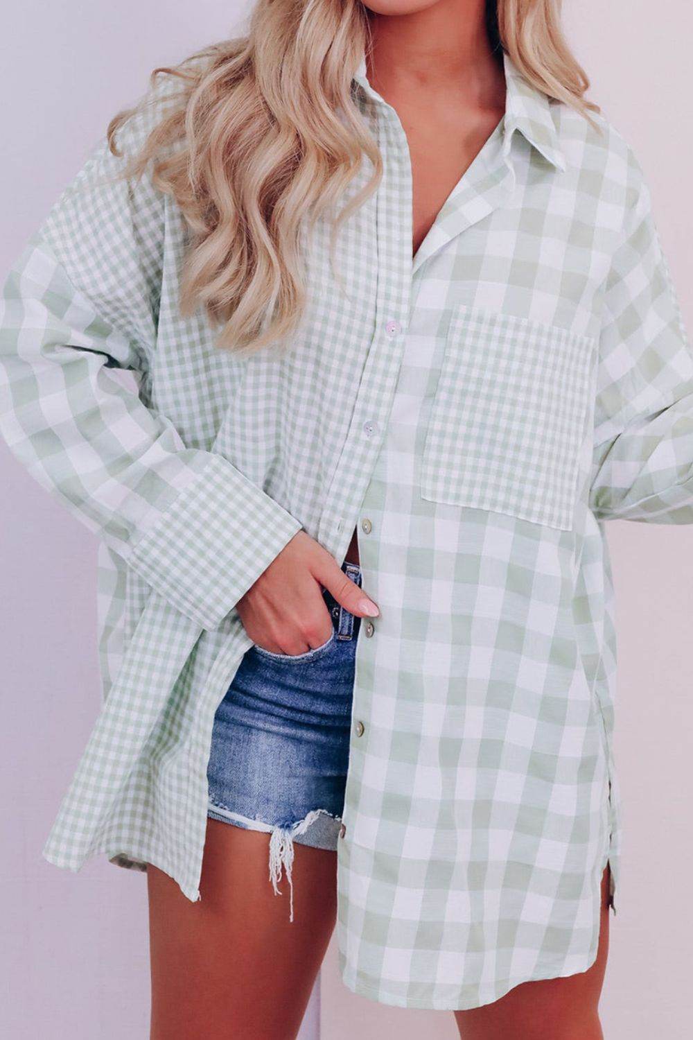 Pocketed Plaid Collared Neck Long Sleeve Shirt Sage for a perfect OOTD – dress to impress outfits from Amexza