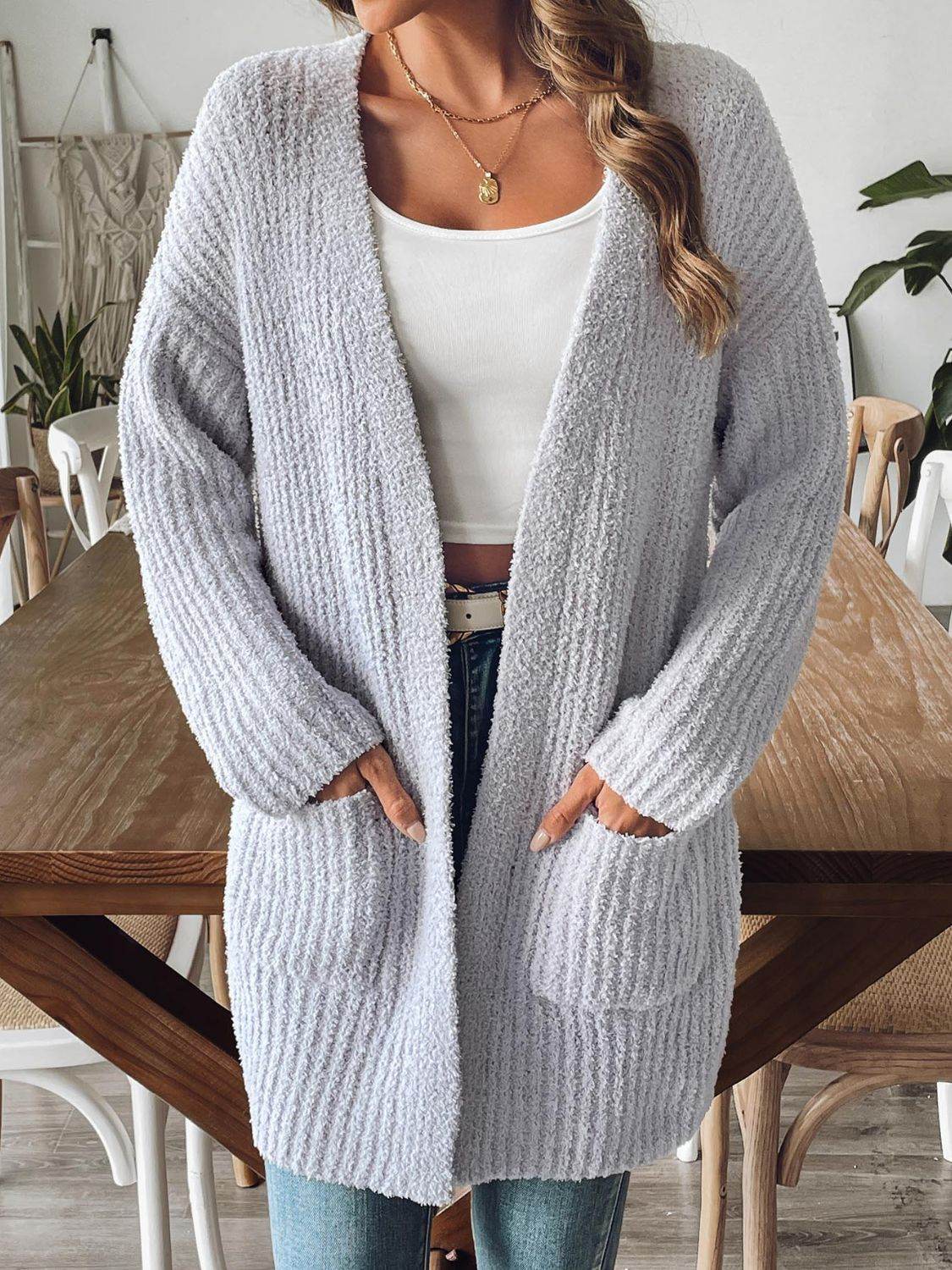 Open Front Long Sleeve Cardigan Gray for a perfect OOTD – dress to impress outfits from Amexza