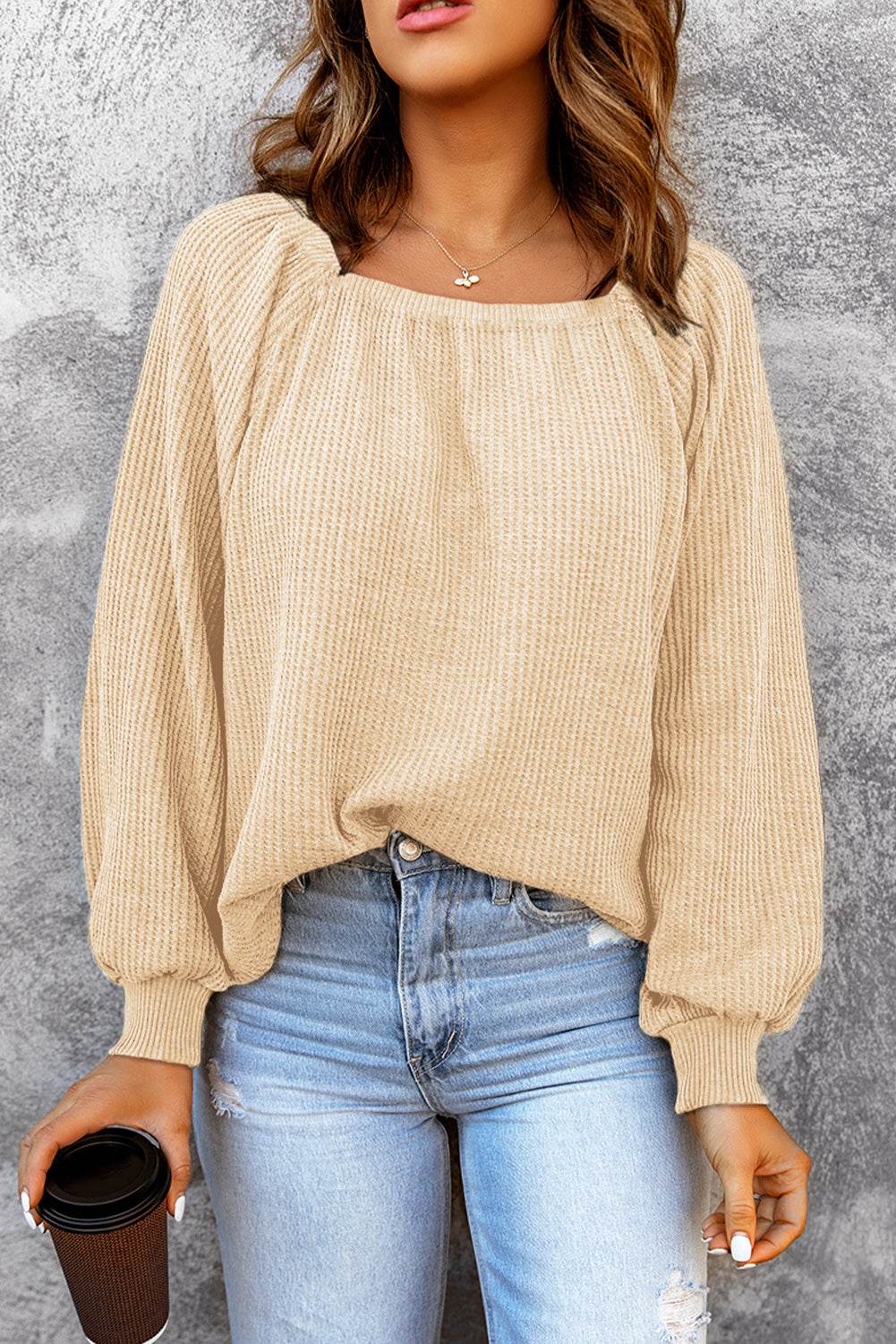 Square Neck Waffle-Knit Top Ivory for a perfect OOTD – dress to impress outfits from Amexza