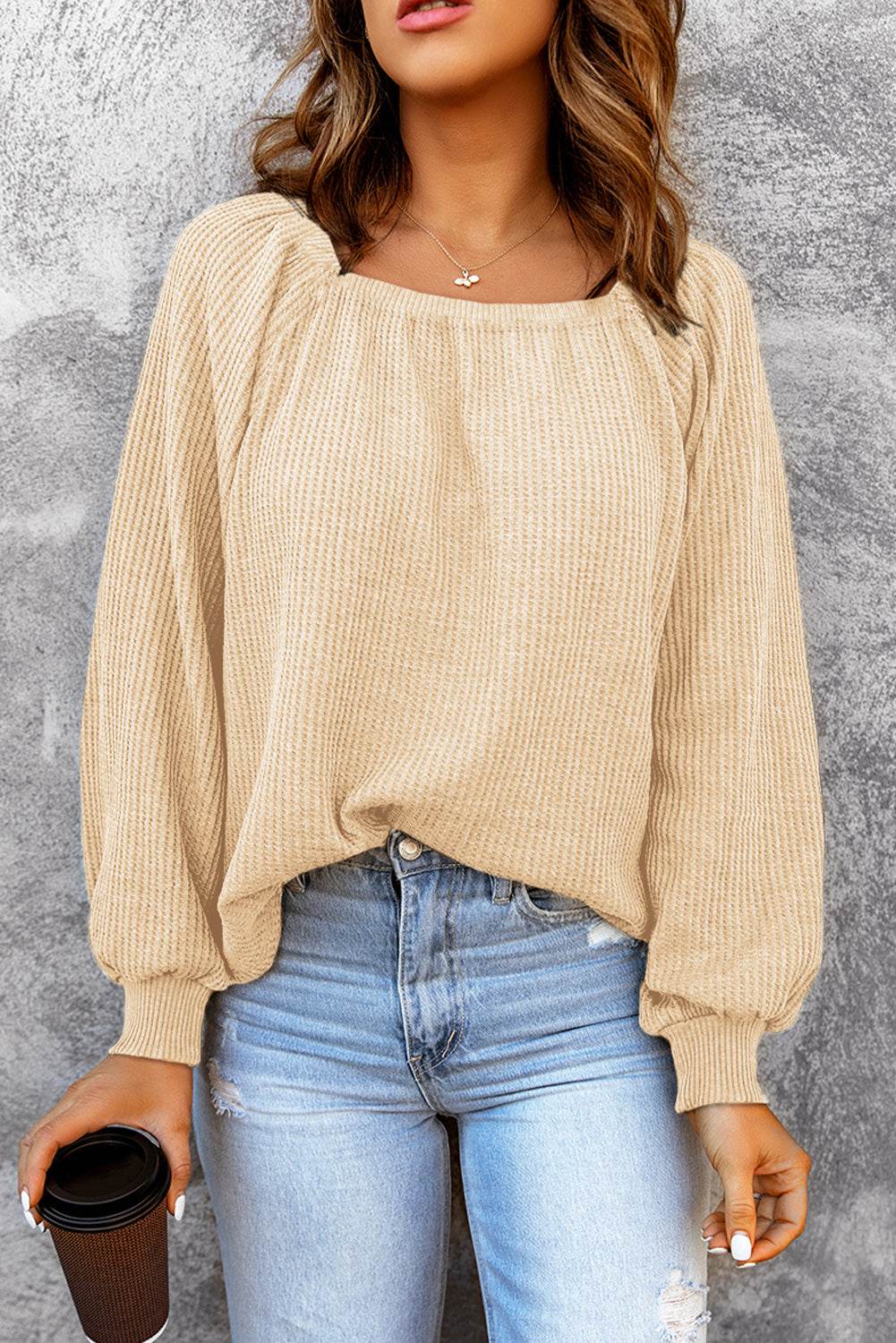 Square Neck Waffle-Knit Top - Amexza
