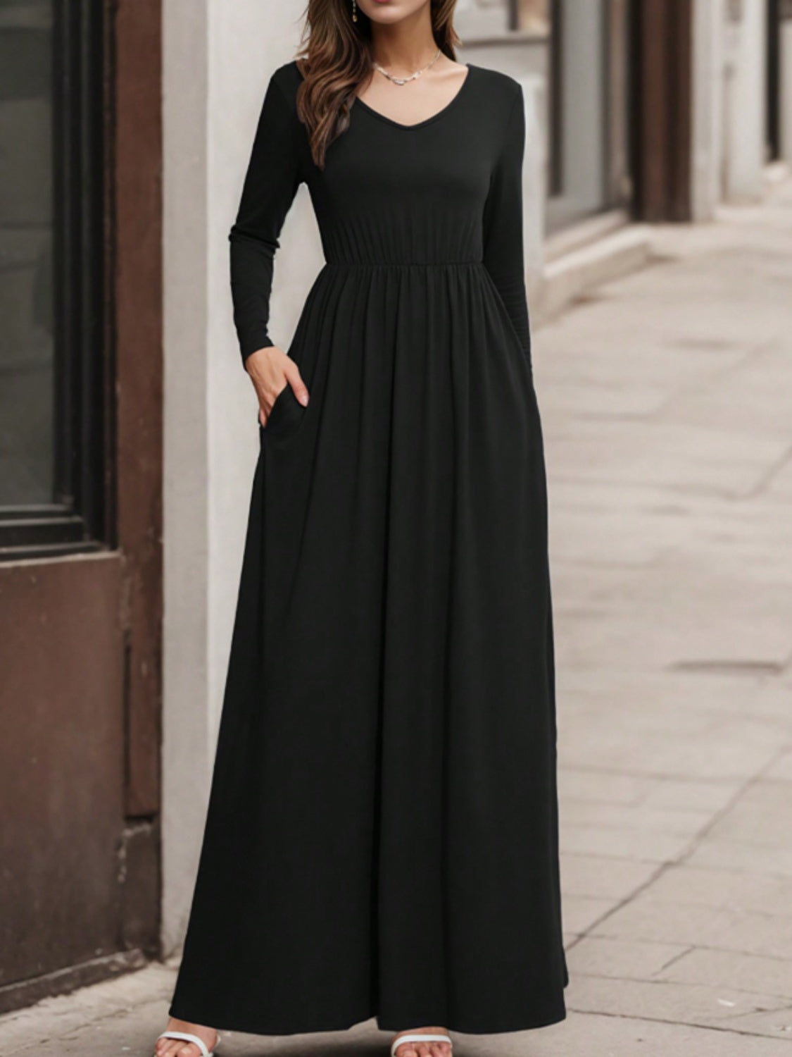 Pocketed V-Neck Long Sleeve Maxi Dress - Black / S