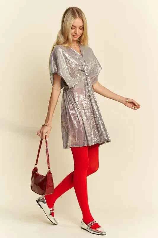 Davi & Dani Sequin Plunge Neck Knot Cut Out Tie Back Party Dress for a perfect OOTD – dress to impress outfits from Amexza