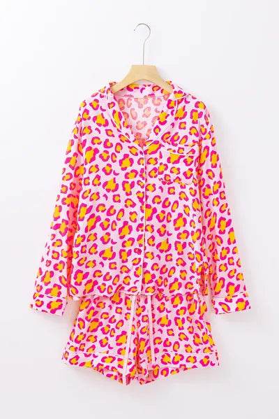 Leopard Collared Neck Long Sleeve Top and Shorts Lounge Set Pink for a perfect OOTD – dress to impress outfits from Amexza
