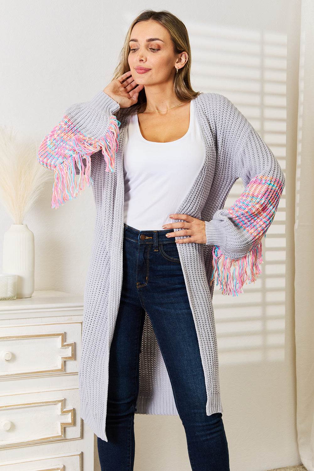 Woven Right Fringe Sleeve Dropped Shoulder Cardigan Cloudy Blue for a perfect OOTD – dress to impress outfits from Amexza