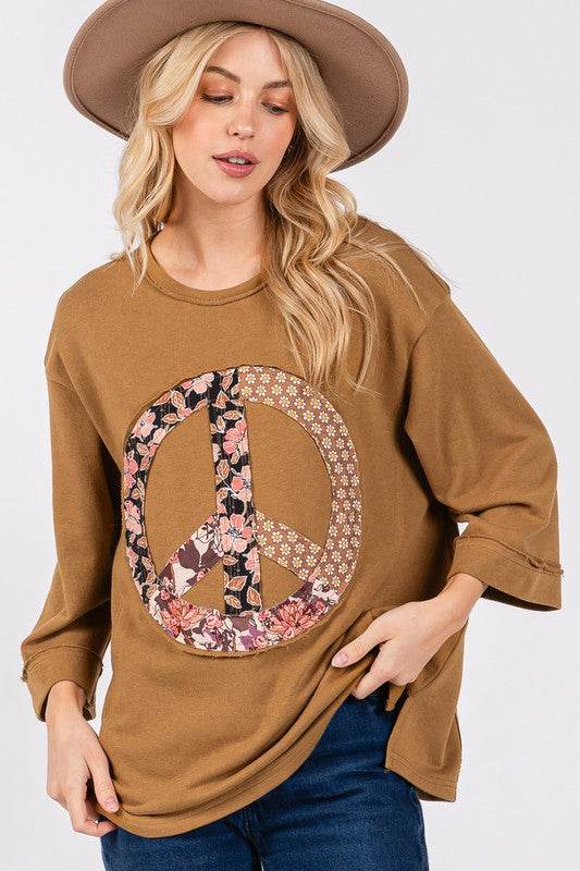 SAGE + FIG Floral Peace Patch Round Neck Top - Amexza