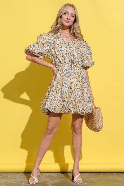 Full Size Floral Surplice Puff Sleeve Dress Yellow Multi for a perfect OOTD – dress to impress outfits from Amexza