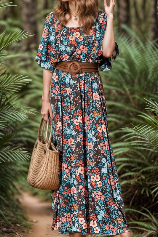 Tied Printed Round Neck Half Sleeve Dress - Floral / S