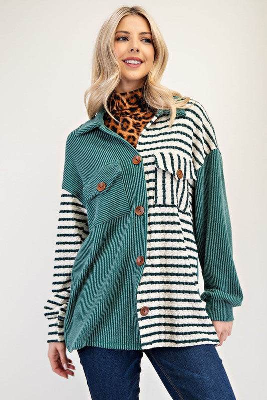 Celeste Full Size Striped Button Up Dropped Shoulder Shacket for a perfect OOTD – dress to impress outfits from Amexza