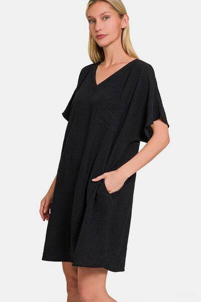 Zenana V-Neck Tee Dress with Pockets - Amexza