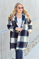 Double Take Full Size Plaid Button Up Lapel Collar Coat - Amexza