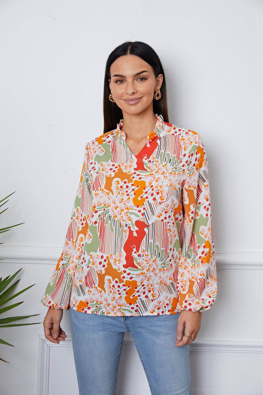 Floral Frill Notched Long Sleeve Blouse Multicolor for a perfect OOTD – dress to impress outfits from Amexza