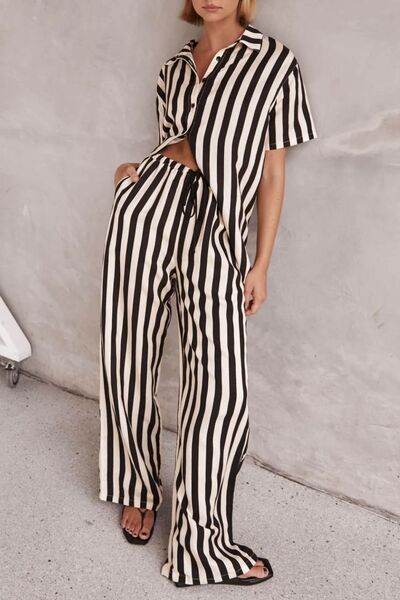 Striped Collared Neck Half Sleeve Top and Pants Set for a perfect OOTD – dress to impress outfits from Amexza