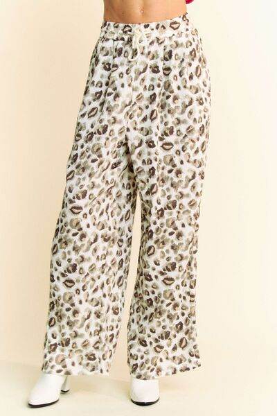 Davi & Dani Drawstring Leopard Wide Leg Pants - Amexza