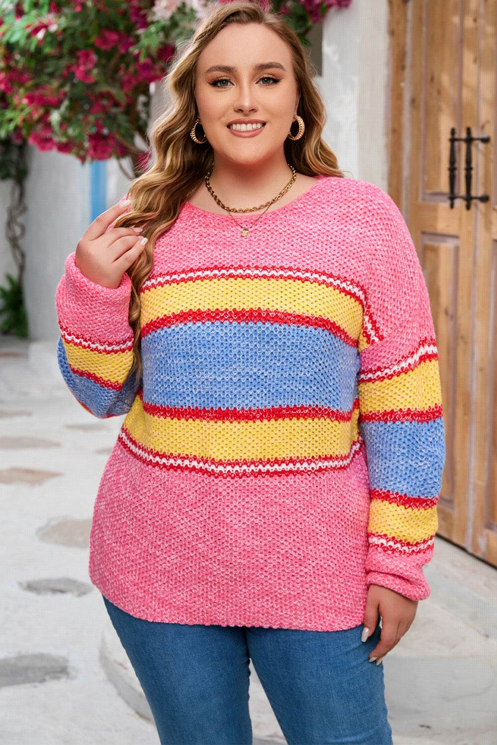 Plus Size Color Block Round Neck Long Sleeve Sweater for a perfect OOTD – dress to impress outfits from Amexza