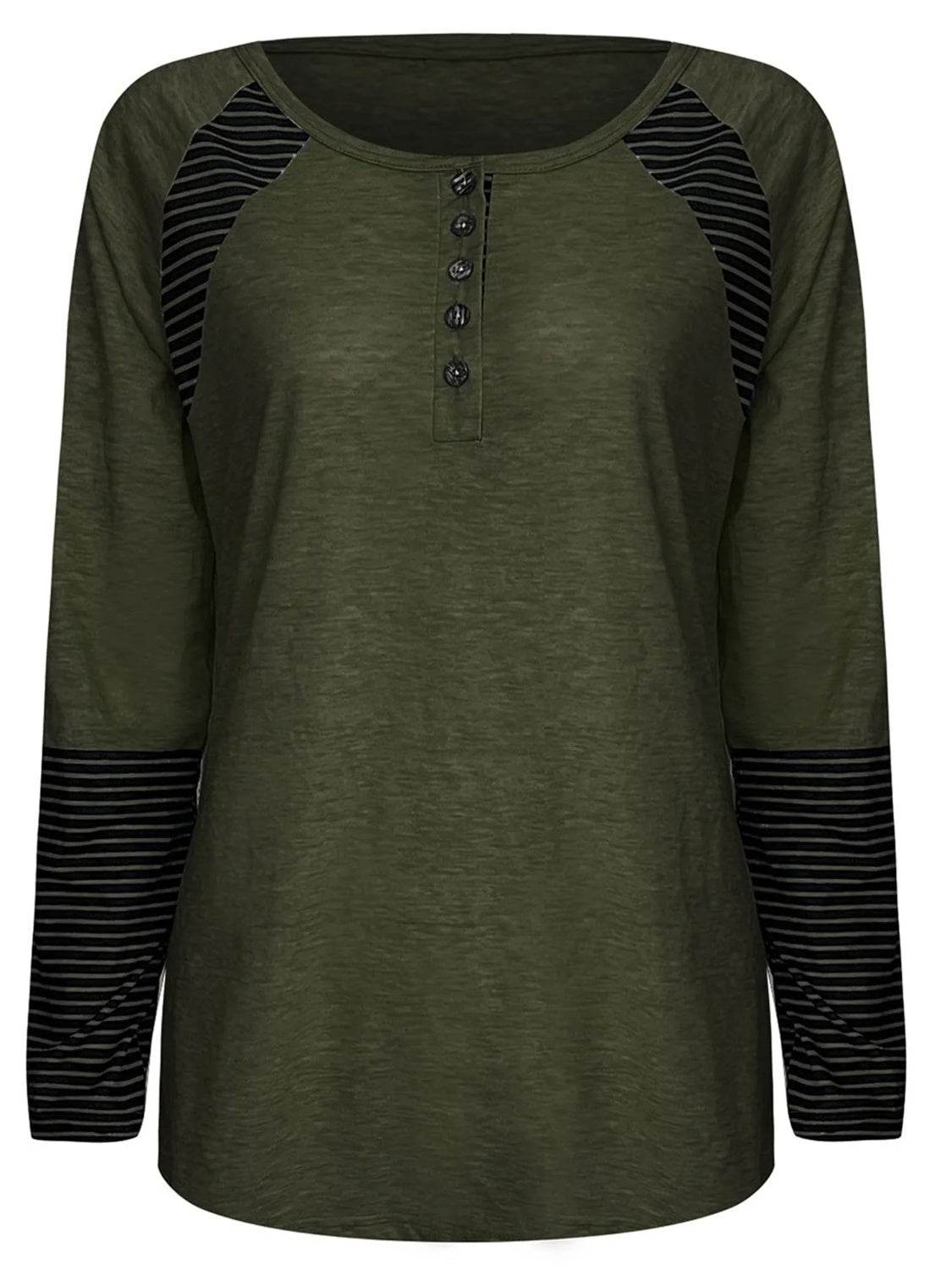 Full Size Striped Quarter Button Long Sleeve T-Shirt for a perfect OOTD – dress to impress outfits from Amexza