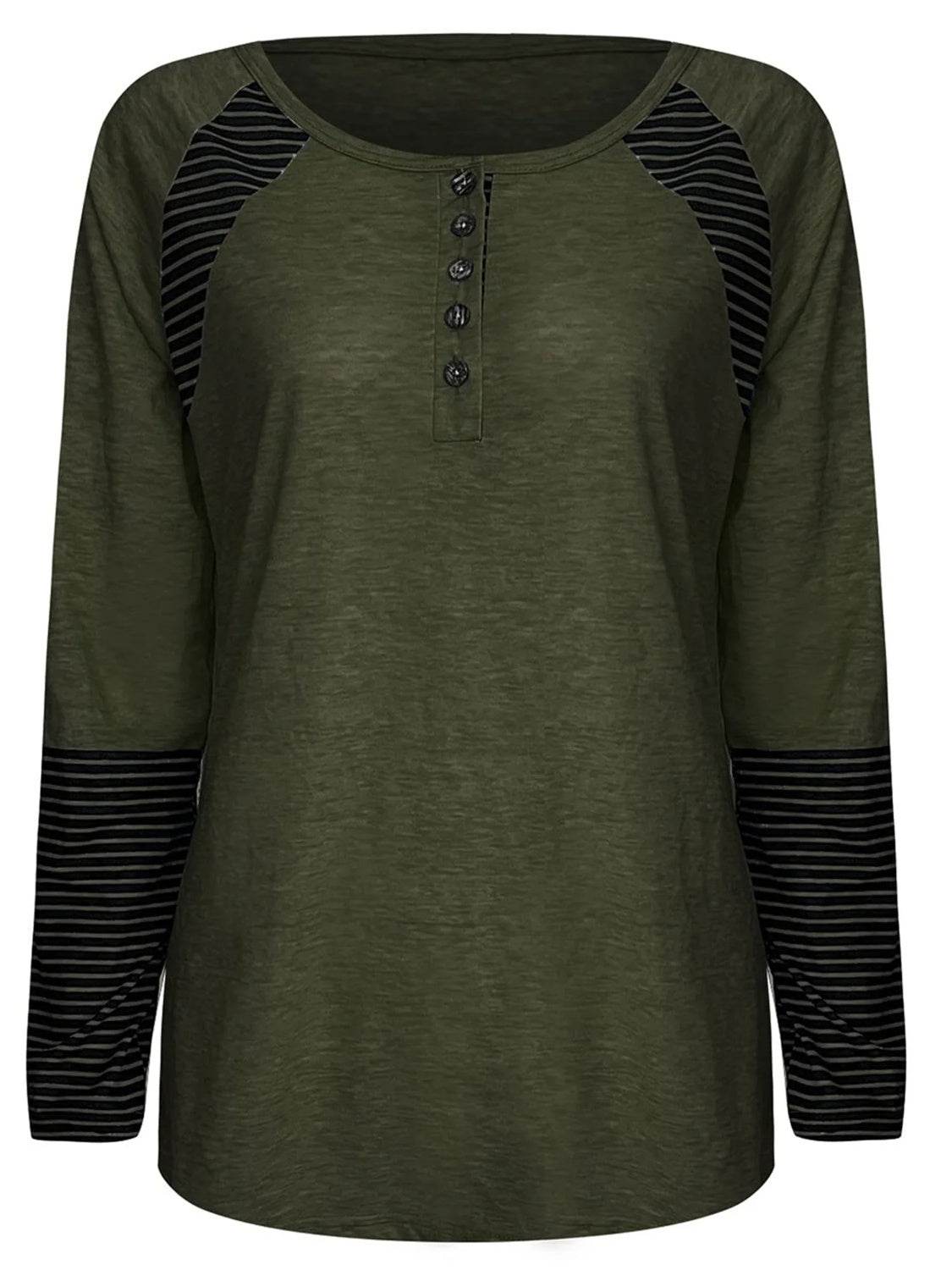Full Size Striped Quarter Button Long Sleeve T-Shirt - Amexza