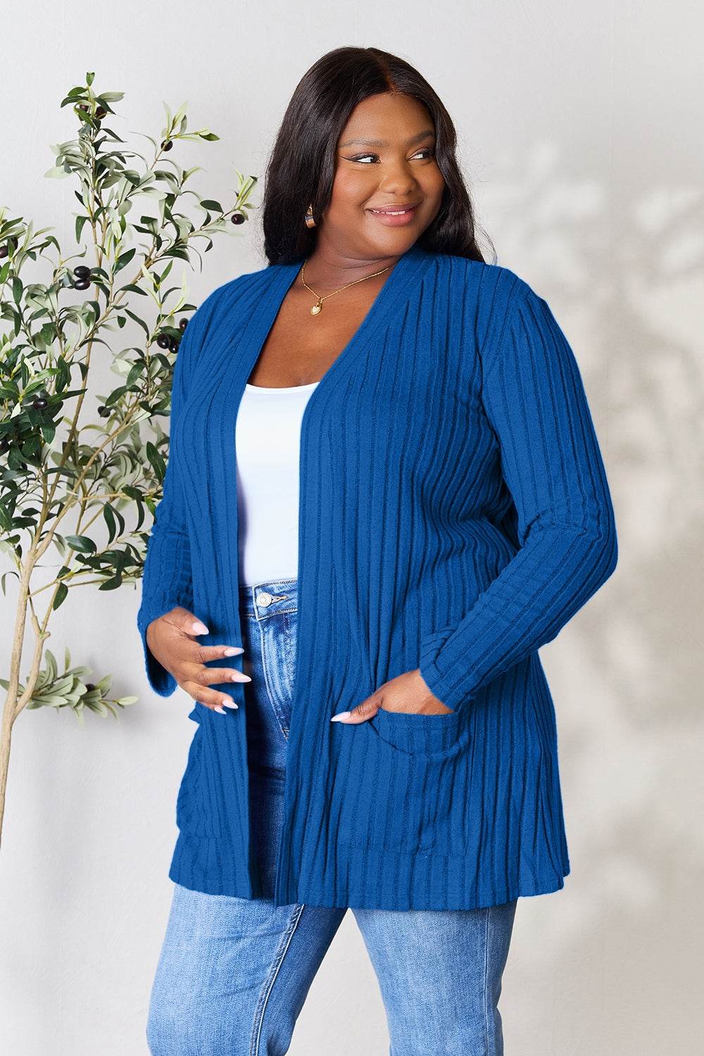 Basic Bae Full Size Ribbed Open Front Cardigan with Pockets for a perfect OOTD – dress to impress outfits from Amexza