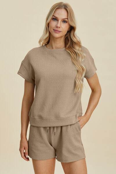 Double Take Full Size Texture Short Sleeve Top and Shorts Set Khaki for a perfect OOTD – dress to impress outfits from Amexza