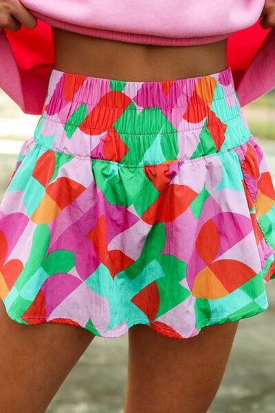 Smocked Contrast Print High Waist Skort - Amexza