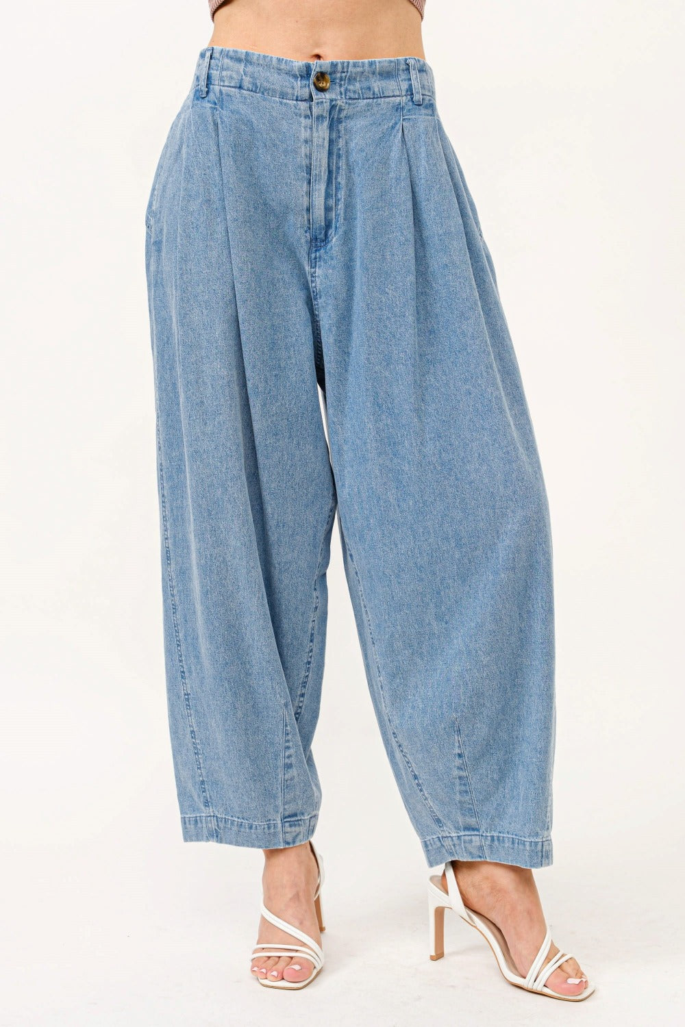 And The Why Elastic Back Pleated Baggy Jeans - Denim / S