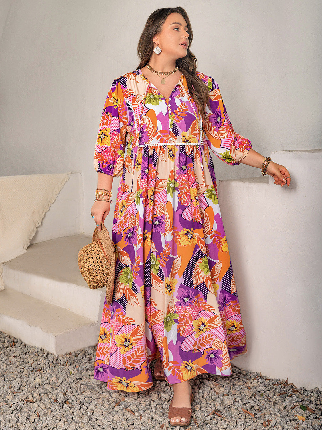 Plus Size Printed Tie Neck Maxi Dress - Multicolor / 0XL