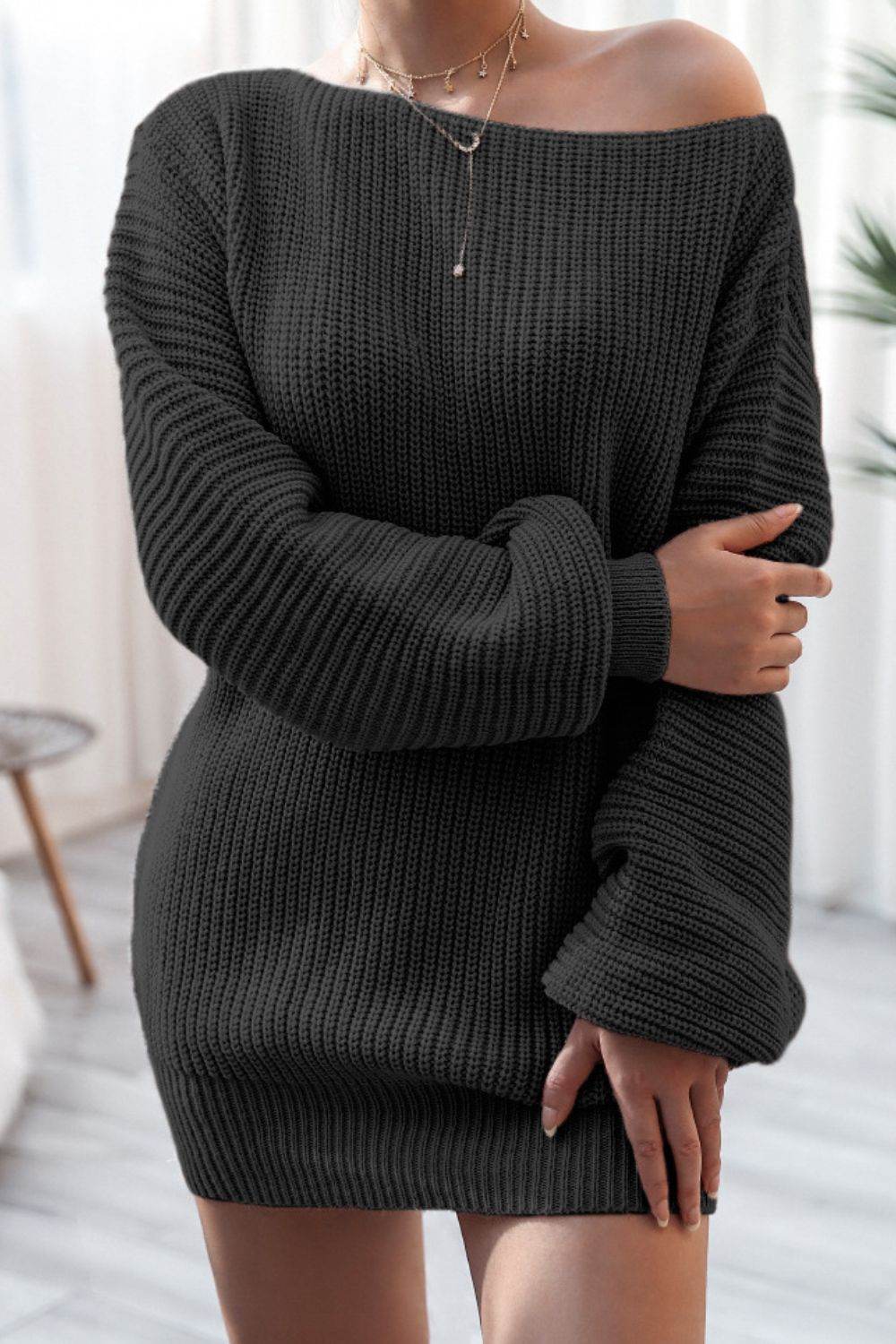 Boat Neck Long Sleeve Mini Sweater Dress Black for a perfect OOTD – dress to impress outfits from Amexza