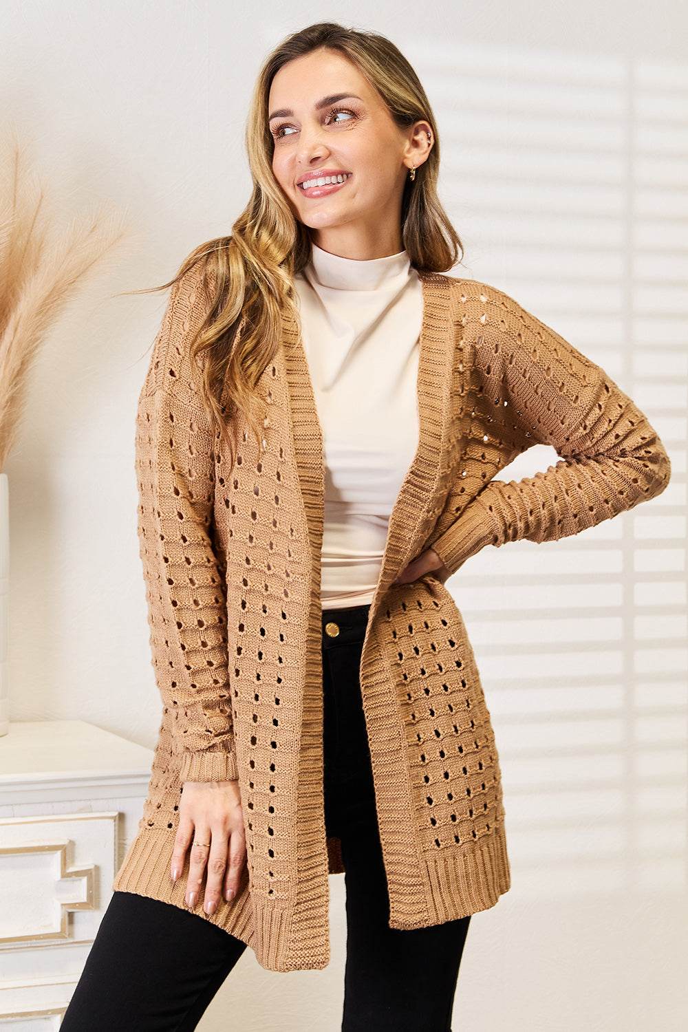 Woven Right Openwork Horizontal Ribbing Open Front Cardigan Caramel for a perfect OOTD – dress to impress outfits from Amexza