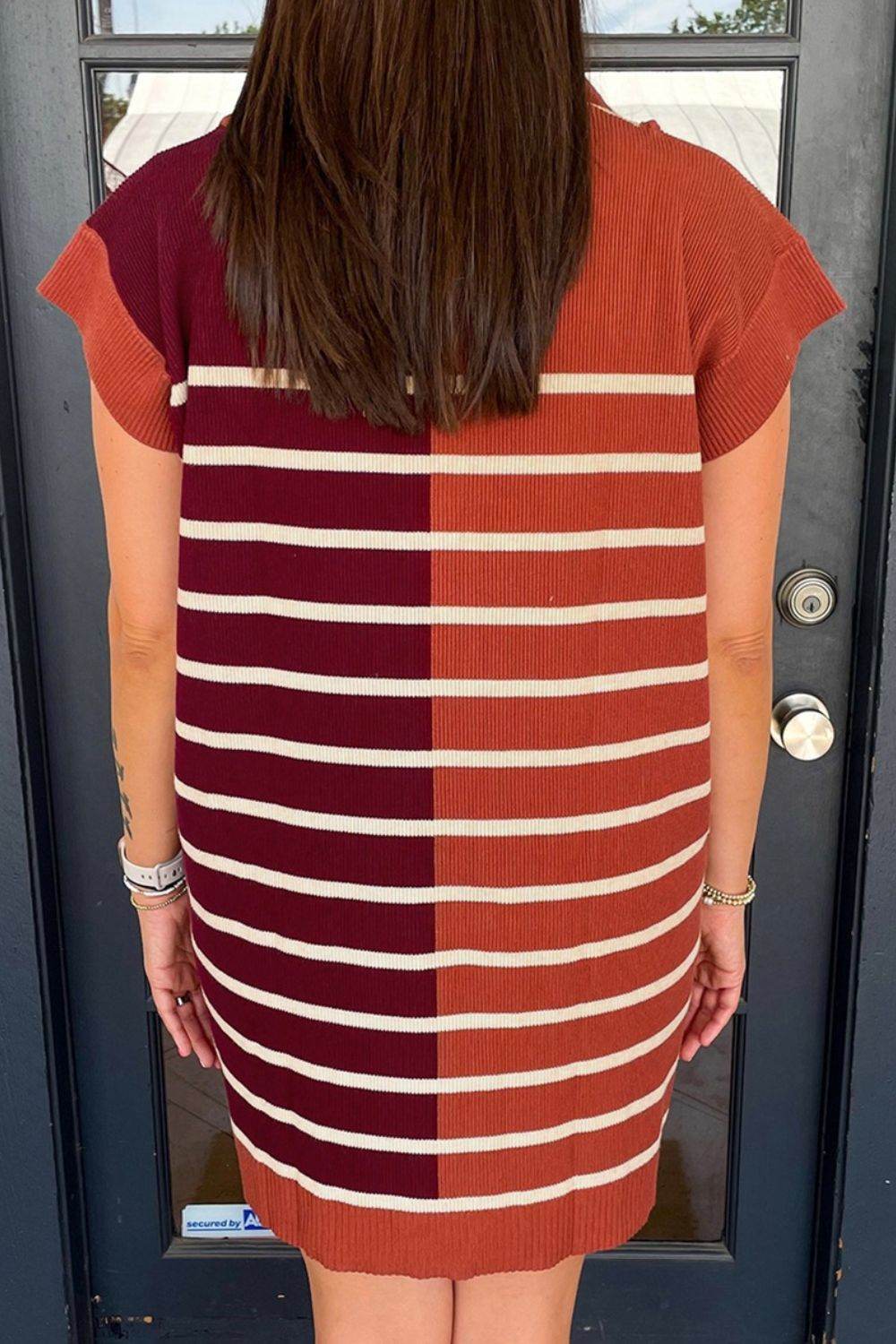 Striped Quarter Zip Cap Sleeve Sweater Dress - Amexza