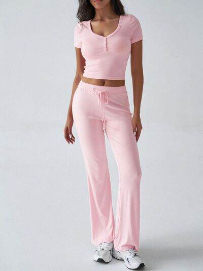 Devine Short Sleeve Top and Drawstring Pants Set Blush Pink for a perfect OOTD – dress to impress outfits from Amexza