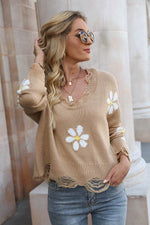 Flower Distressed Long Sleeve Sweater for a perfect OOTD – dress to impress outfits from Amexza