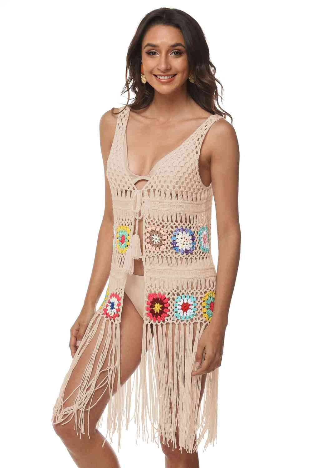 Openwork Fringe Detail Embroidery Sleeveless Cover-Up for a perfect OOTD – dress to impress outfits from Amexza