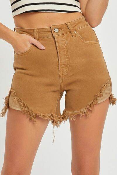 RISEN High Waist Frayed Hem Denim Shorts Mocha for a perfect OOTD – dress to impress outfits from Amexza