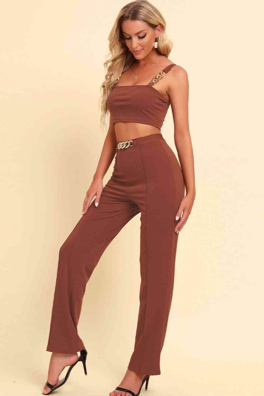 Chain Detail Cropped Cami and Straight Leg Pants Set for a perfect OOTD – dress to impress outfits from Amexza