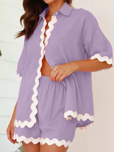 Contrast Trim Collared Neck Top and Shorts Set Lilac for a perfect OOTD – dress to impress outfits from Amexza