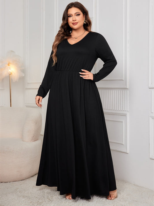 Honey Plus Size Cutout V-Neck Long Sleeve Maxi Dress - Black / 1XL