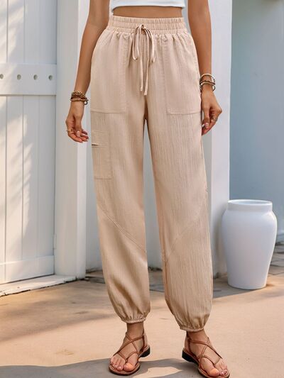 Perfee Elastic Waist Joggers with Pockets Tan for a perfect OOTD – dress to impress outfits from Amexza