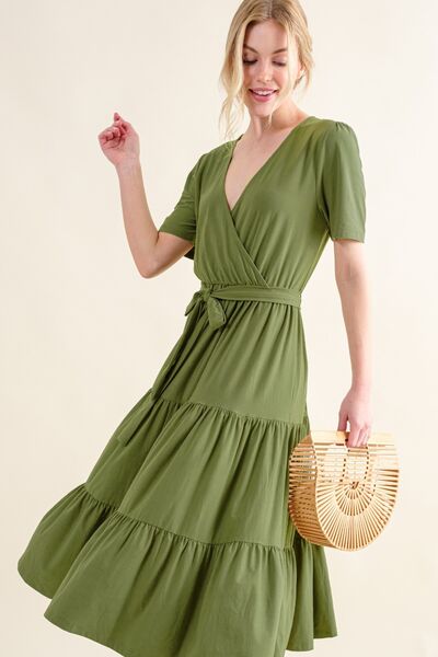 And The Why Soft Short Sleeve Tiered Midi Dress GREEN for a perfect OOTD – dress to impress outfits from Amexza