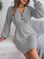 Buttoned Cable-Knit V-Neck Sweater Dress for a perfect OOTD – dress to impress outfits from Amexza