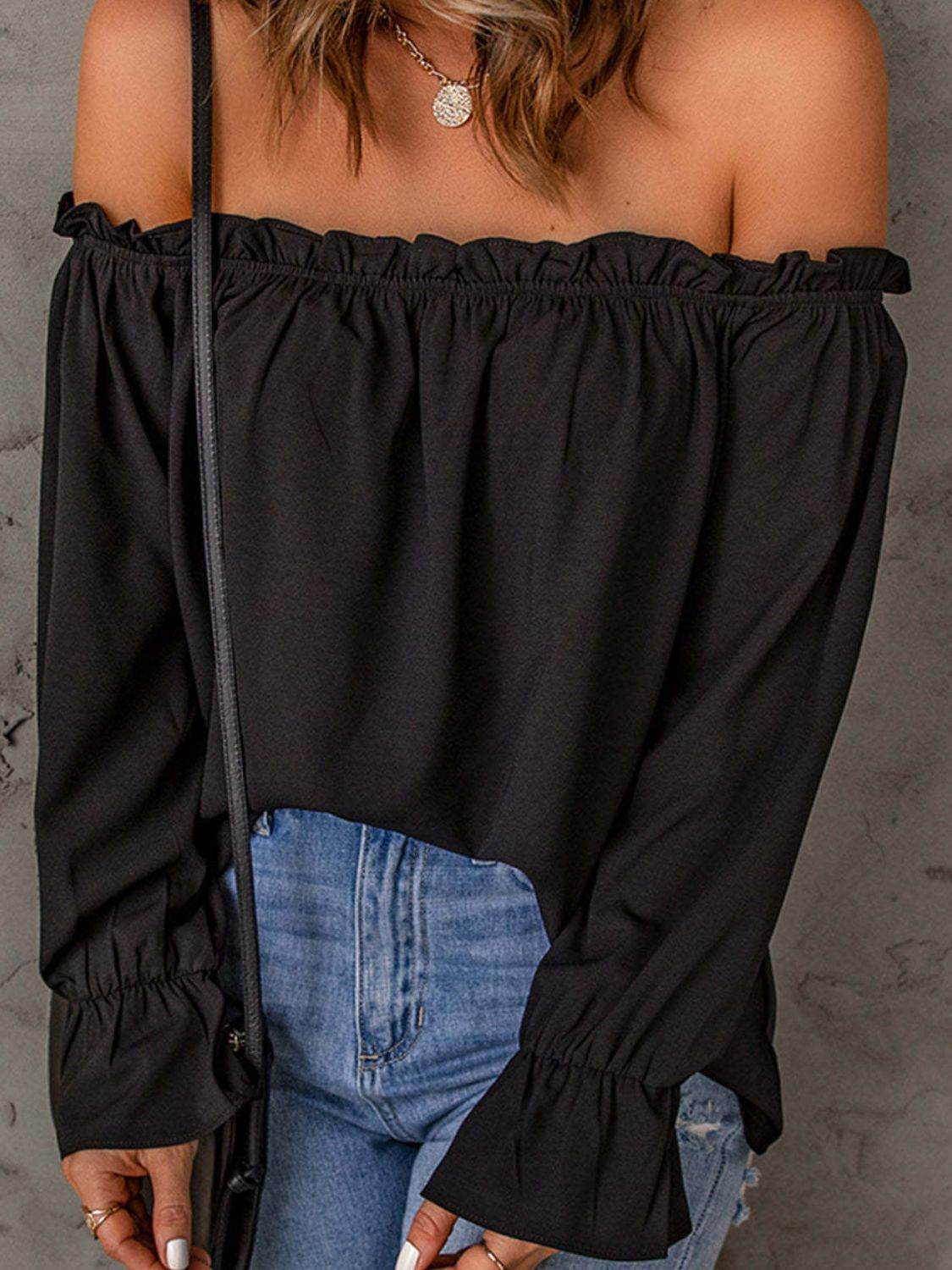 Off-Shoulder Flounce Sleeve Blouse - Amexza